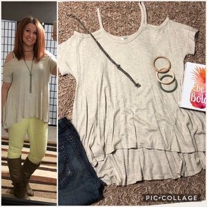 Tan cold shoulder shirt
